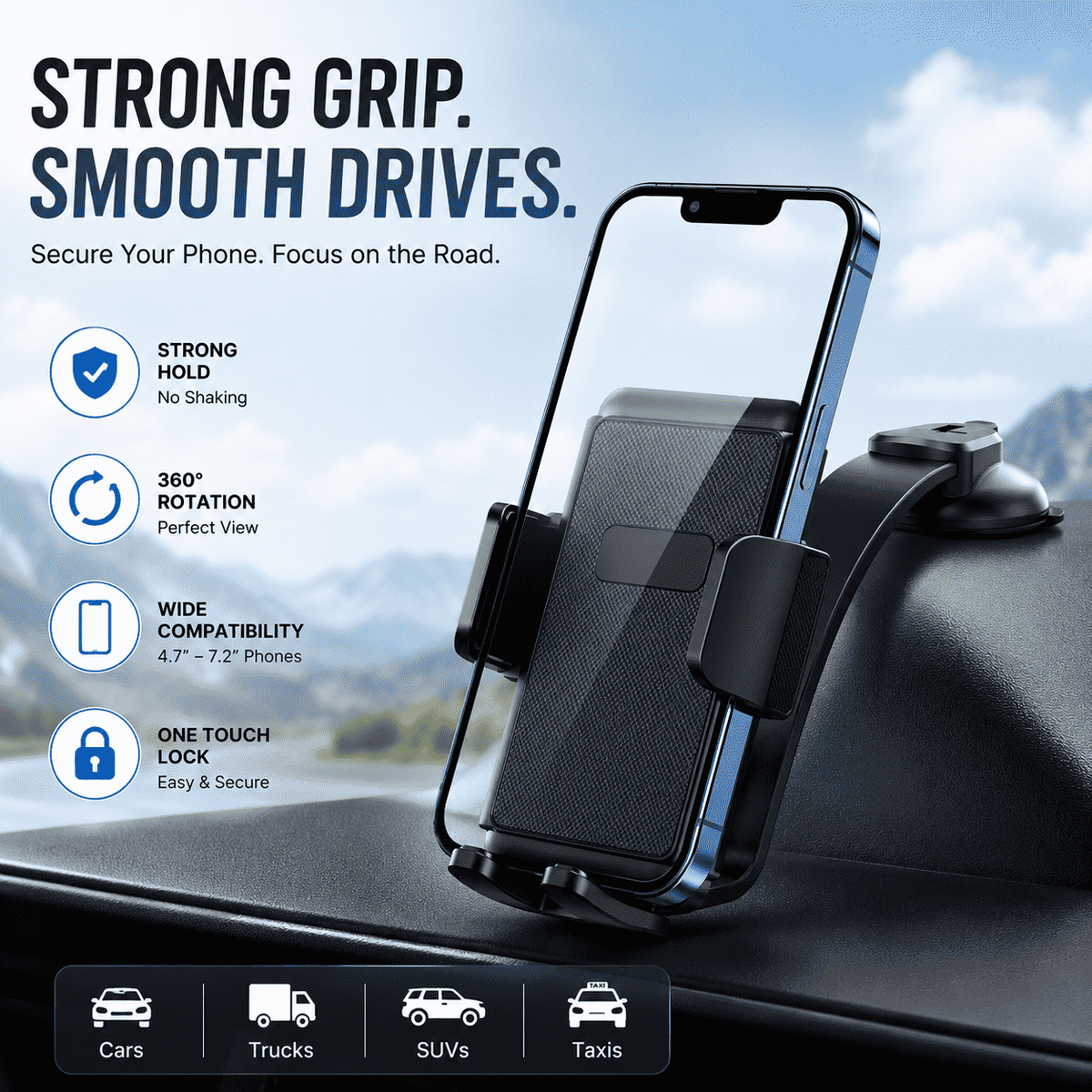 Bendable car phone holder – 360° rotation, one-hand use, strong suction
