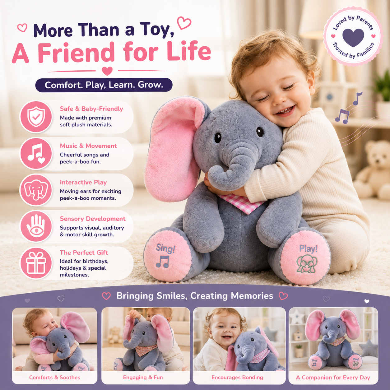 Baby Pink Peek-a-Boo Musical Elephant Plush Toy