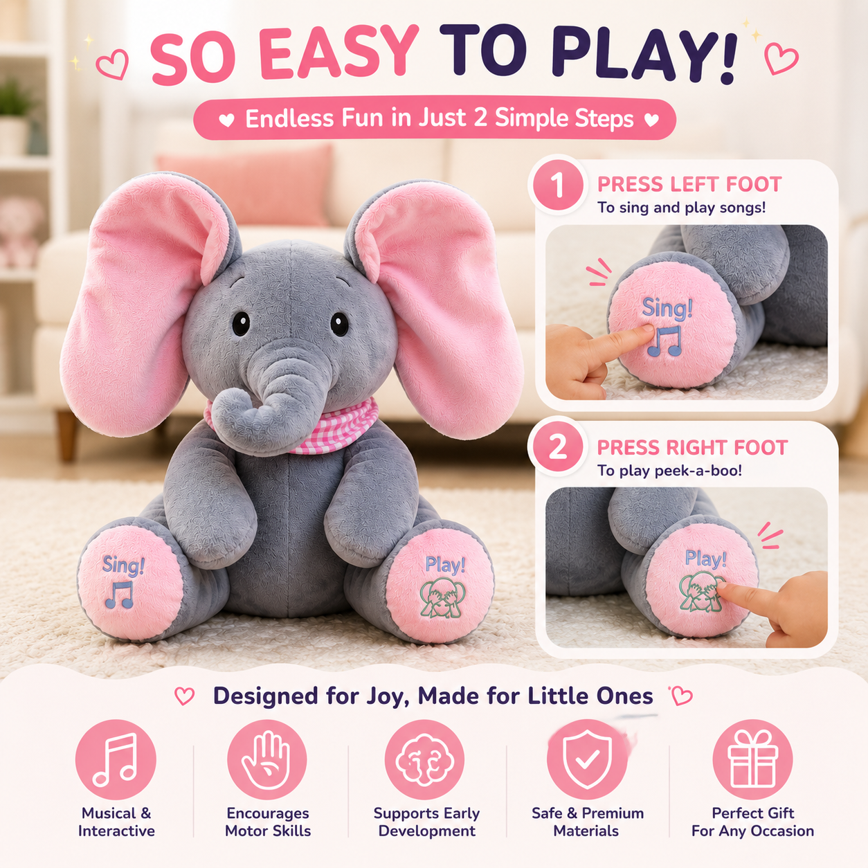 Baby Pink Peek-a-Boo Musical Elephant Plush Toy