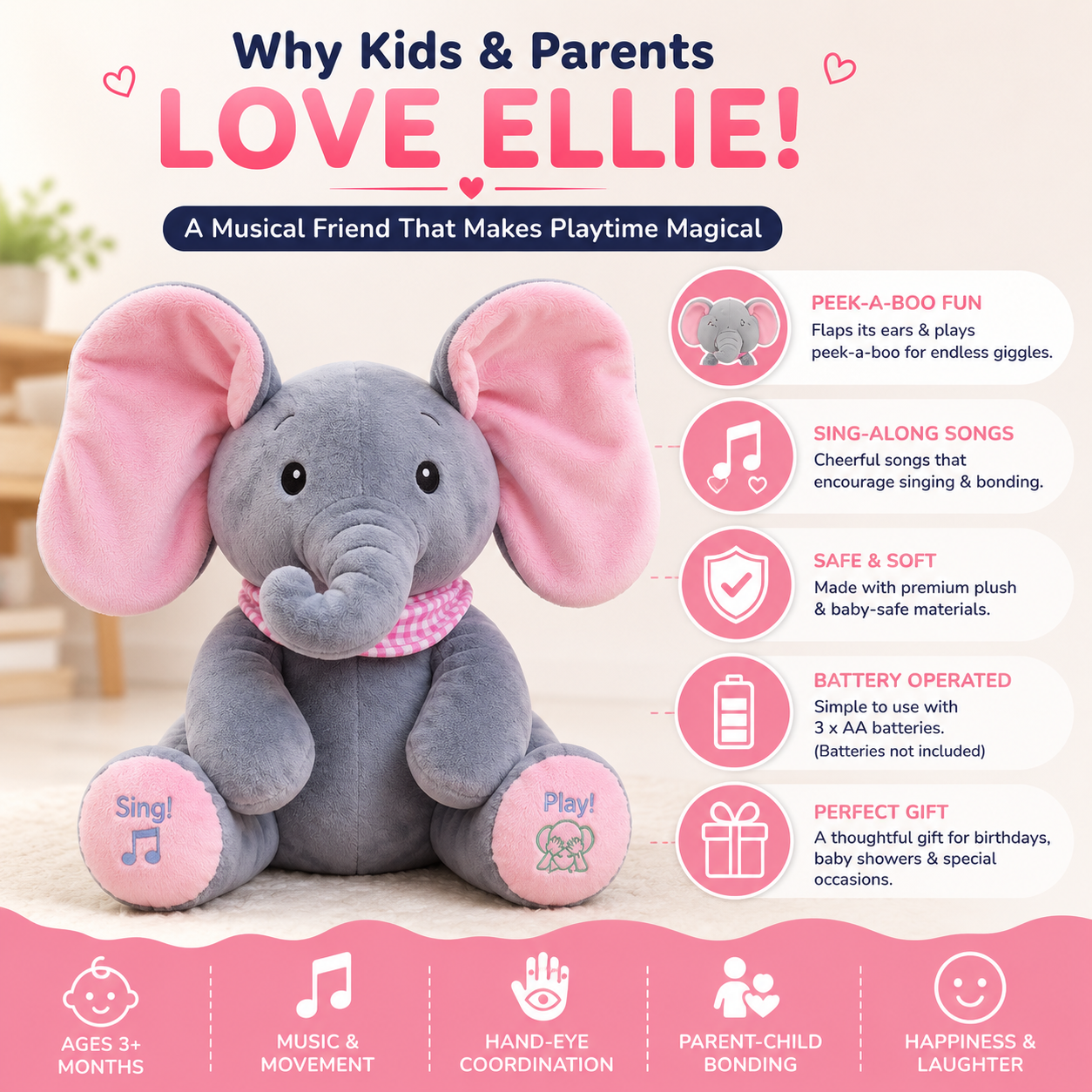 Baby Pink Peek-a-Boo Musical Elephant Plush Toy