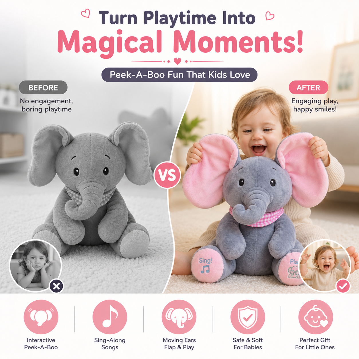 Baby Pink Peek-a-Boo Musical Elephant Plush Toy