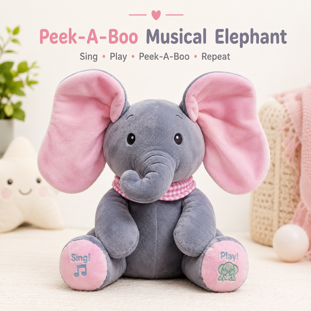 Baby Pink Peek-a-Boo Musical Elephant Plush Toy