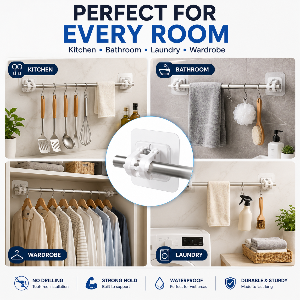 Nail Free Adjustable Curtain Rod Hooks Pack of 12