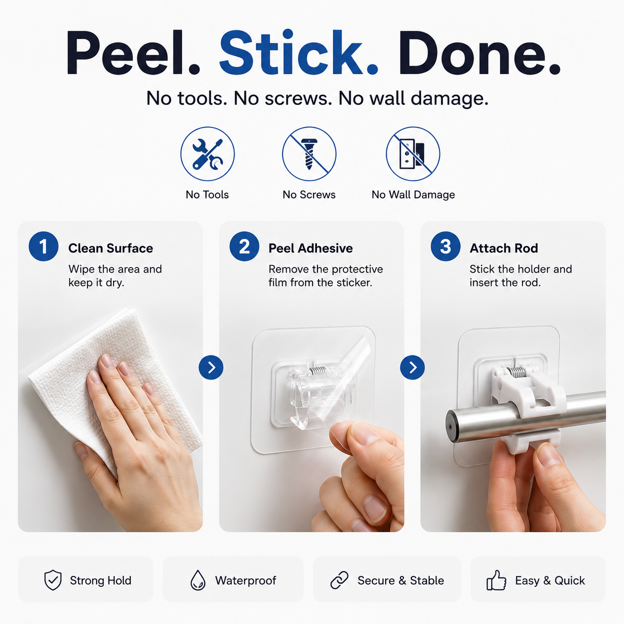 Nail Free Adjustable Curtain Rod Hooks Pack of 12