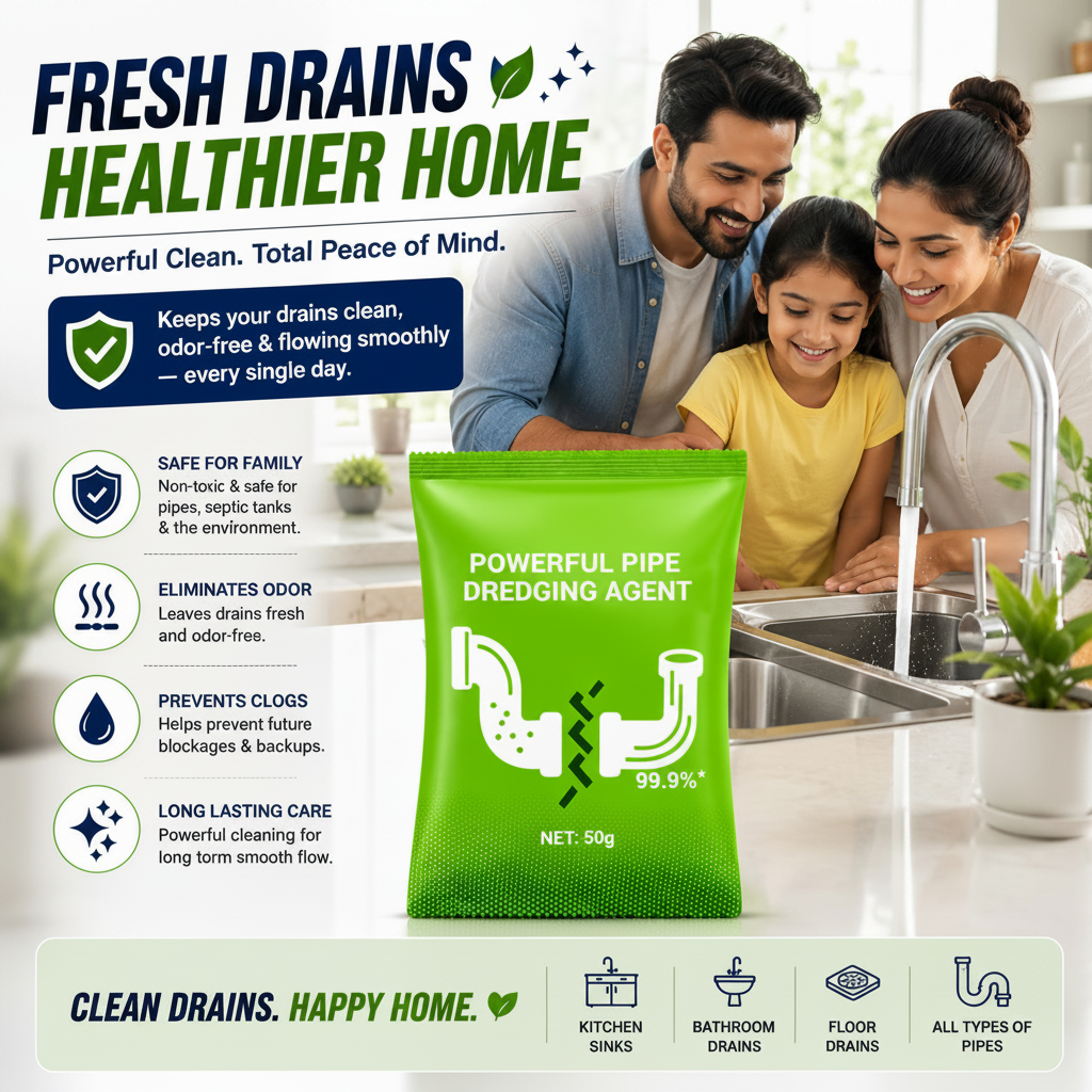 Family at a kitchen sink with a green package labeled 'Powerful Pipe Dredging Agent' on a bright background.