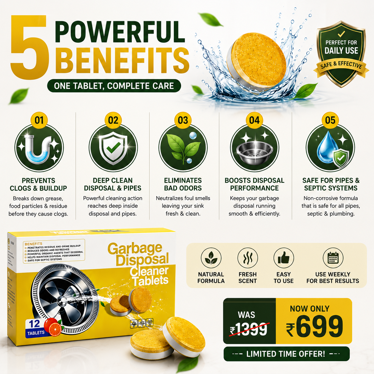 Garbage Disposal Cleaner Tablets Odor Eliminator + Blockage Remover BUY 1 GET 1 FREE
