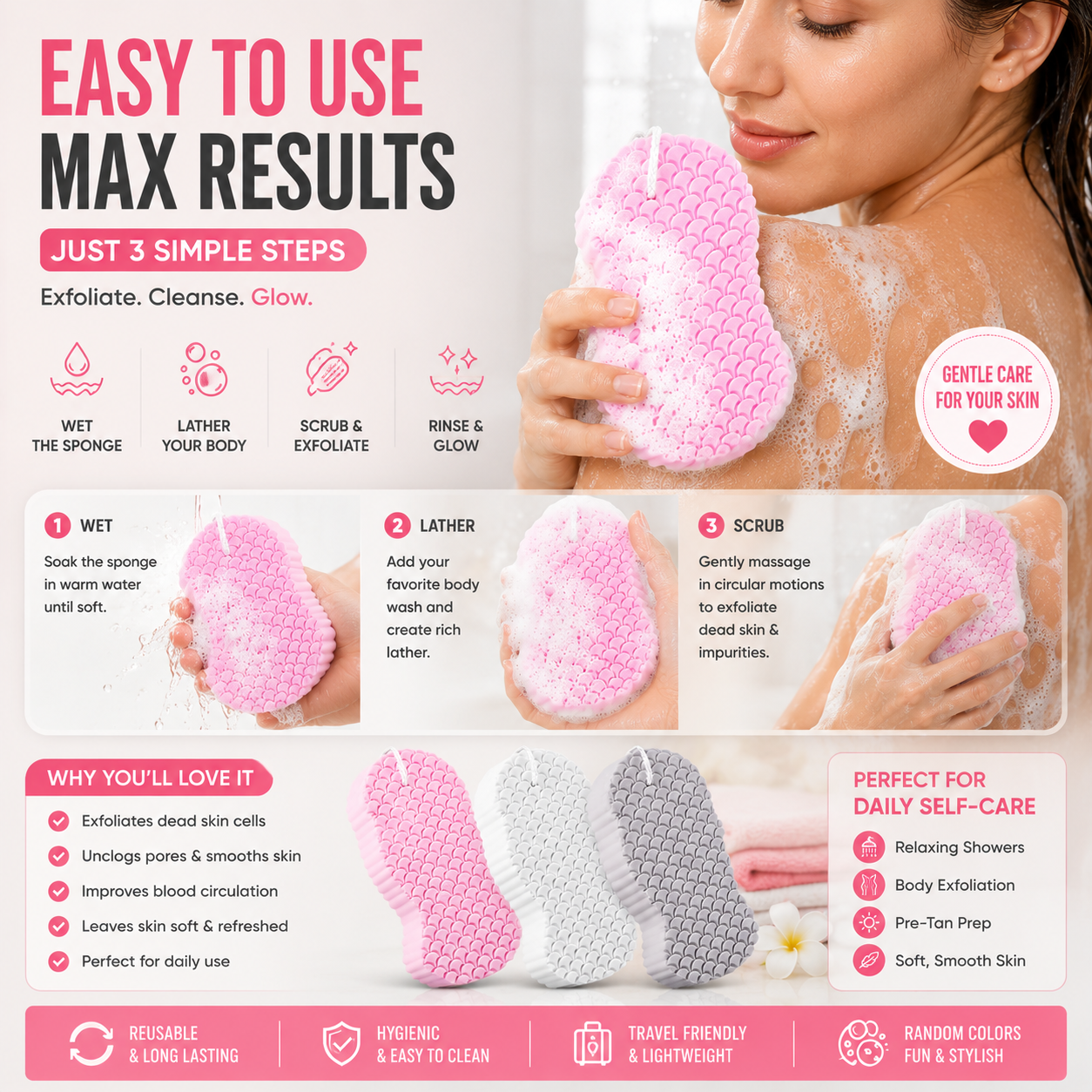 Magic Exfoliating Bath Sponge Skin Friendly and Resuable for Adults and Kids - Pack of 3