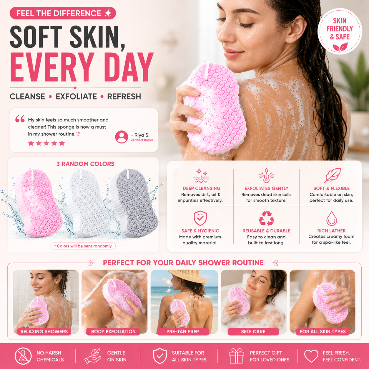 Magic Exfoliating Bath Sponge Skin Friendly and Resuable for Adults and Kids - Pack of 3