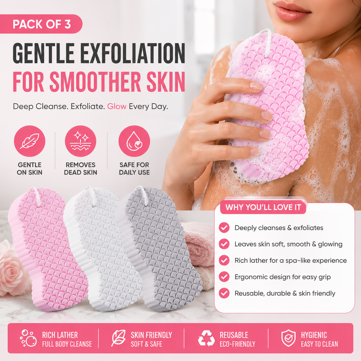 Magic Exfoliating Bath Sponge Skin Friendly and Resuable for Adults and Kids - Pack of 3