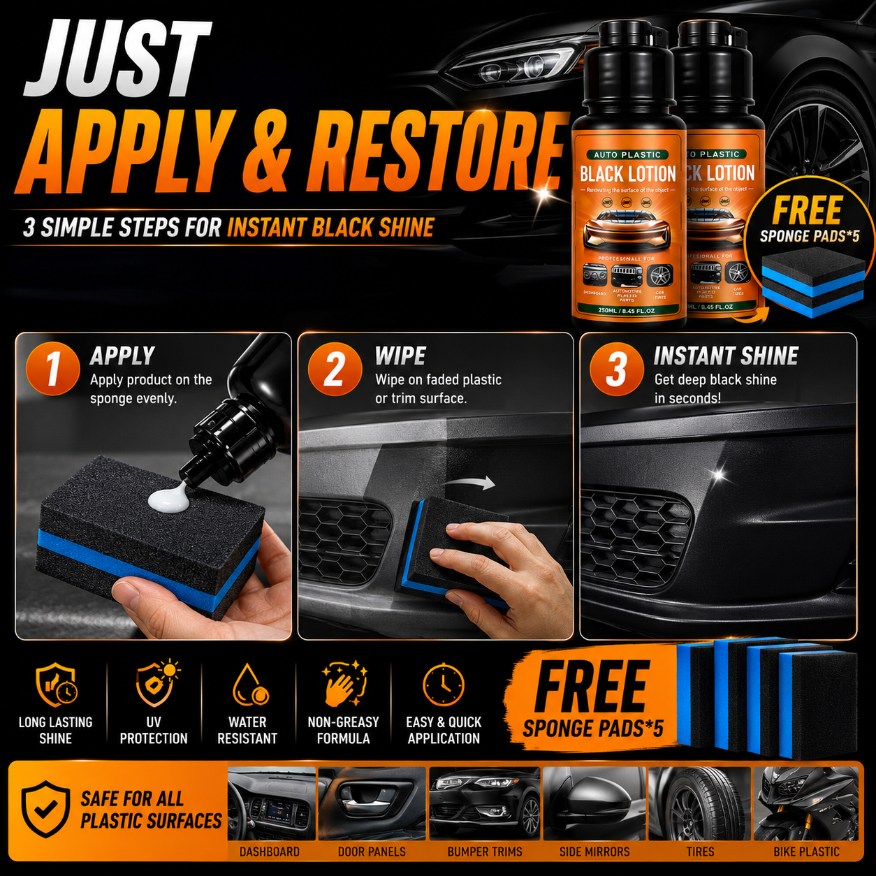 Plastic & Trim Restorer - Interior & Exterior Revitalizer with Applicator Pad