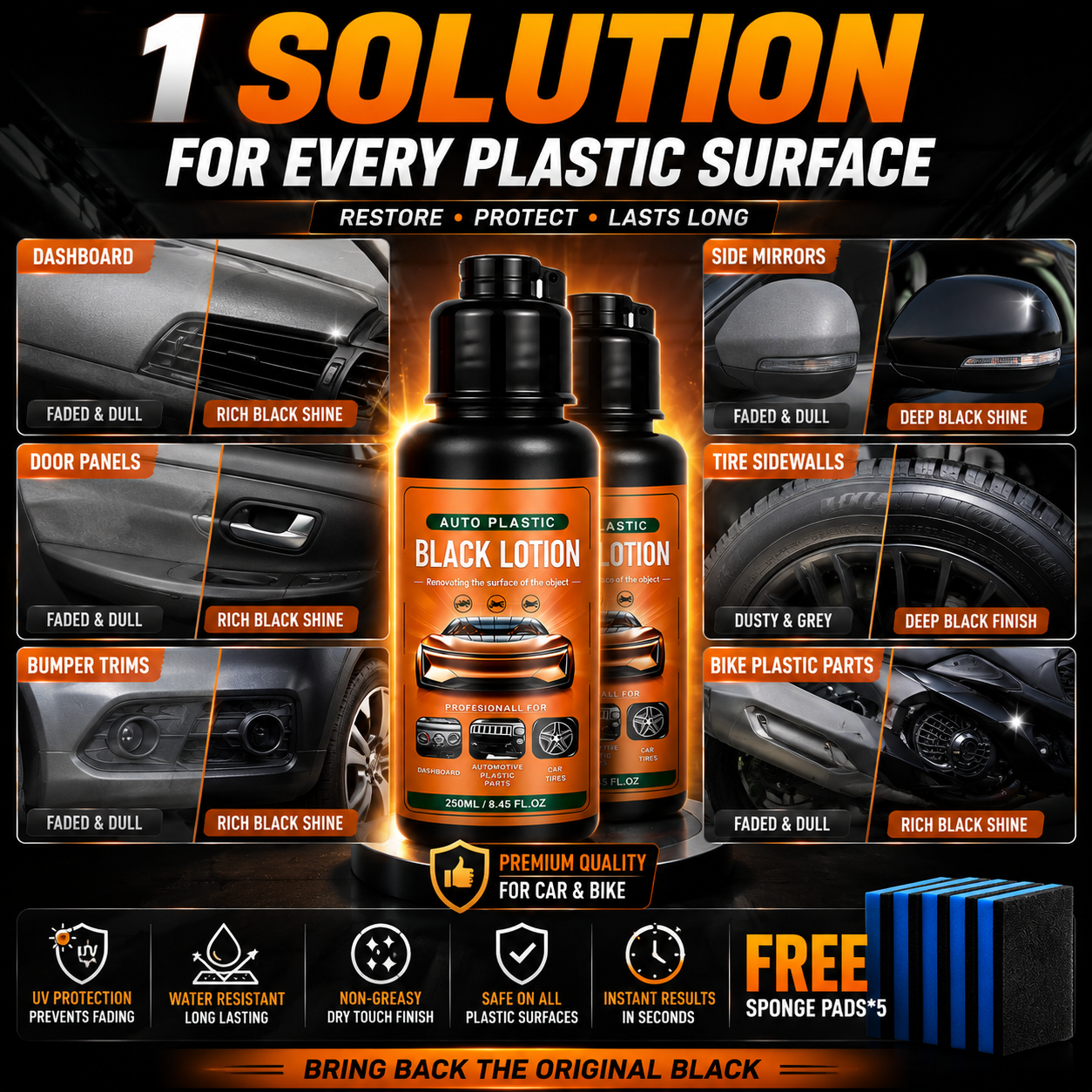 Plastic & Trim Restorer - Interior & Exterior Revitalizer with Applicator Pad