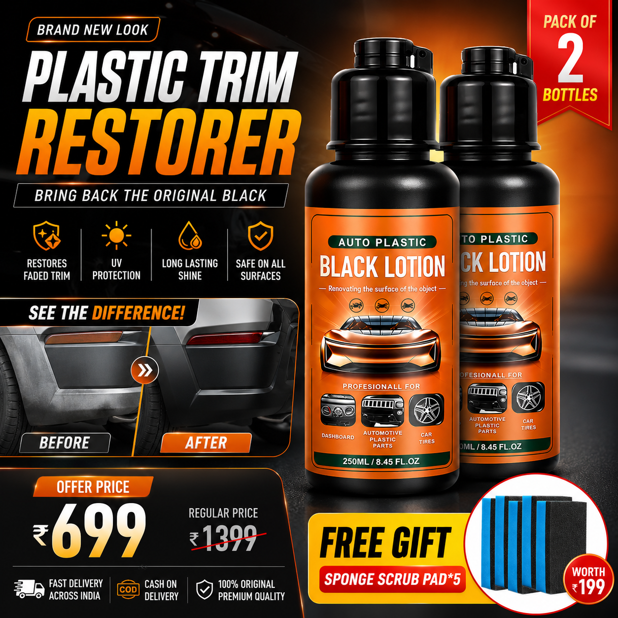 Plastic & Trim Restorer - Interior & Exterior Revitalizer with Applicator Pad