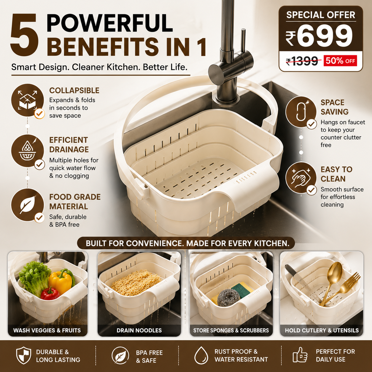 Collapsible Sink Strainer Basket & Sponge Holder Pack of 1