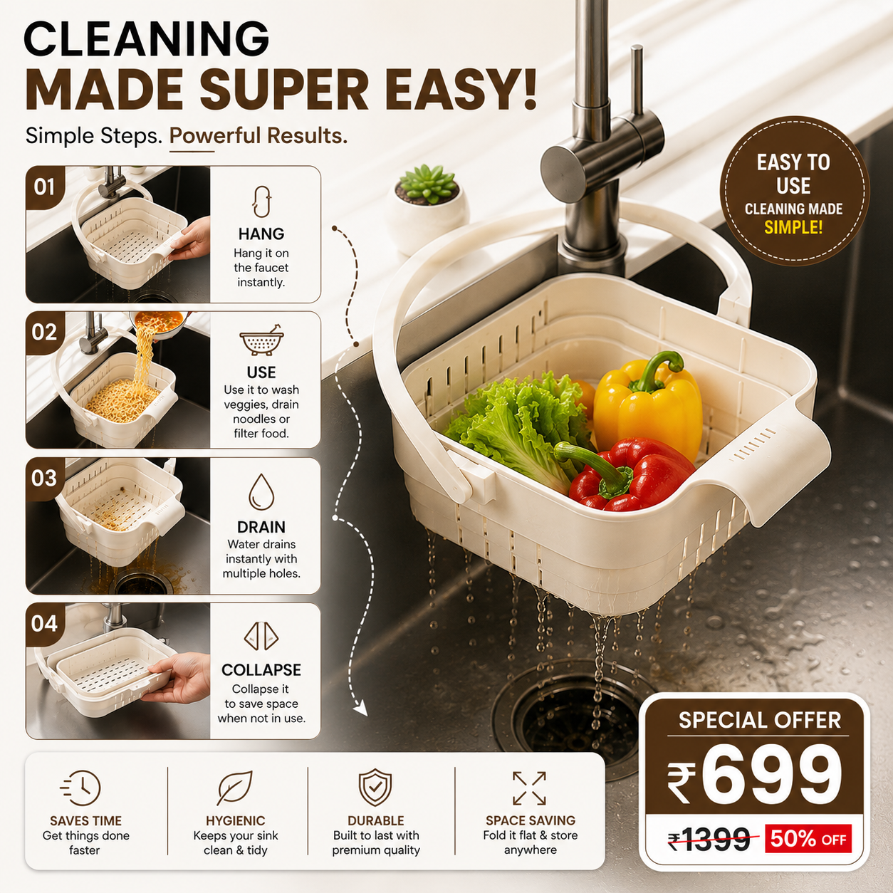 Collapsible Sink Strainer Basket & Sponge Holder Pack of 1