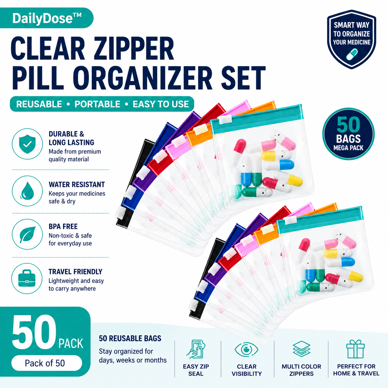 DailyDose™ Clear Zipper Pill Organizer Set – Reusable Portable Medicine Storage Bags