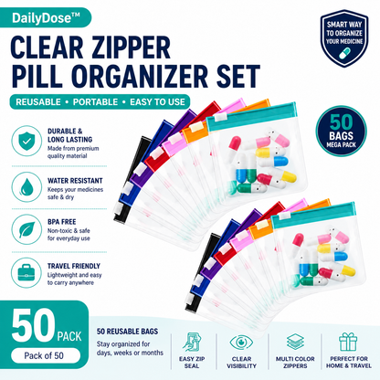 DailyDose™ Clear Zipper Pill Organizer Set – Reusable Portable Medicine Storage Bags