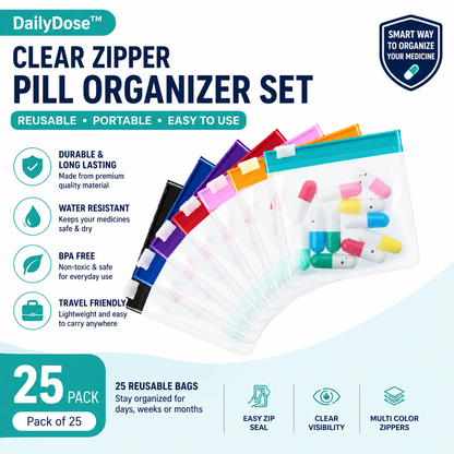 DailyDose™ Clear Zipper Pill Organizer Set – Reusable Portable Medicine Storage Bags