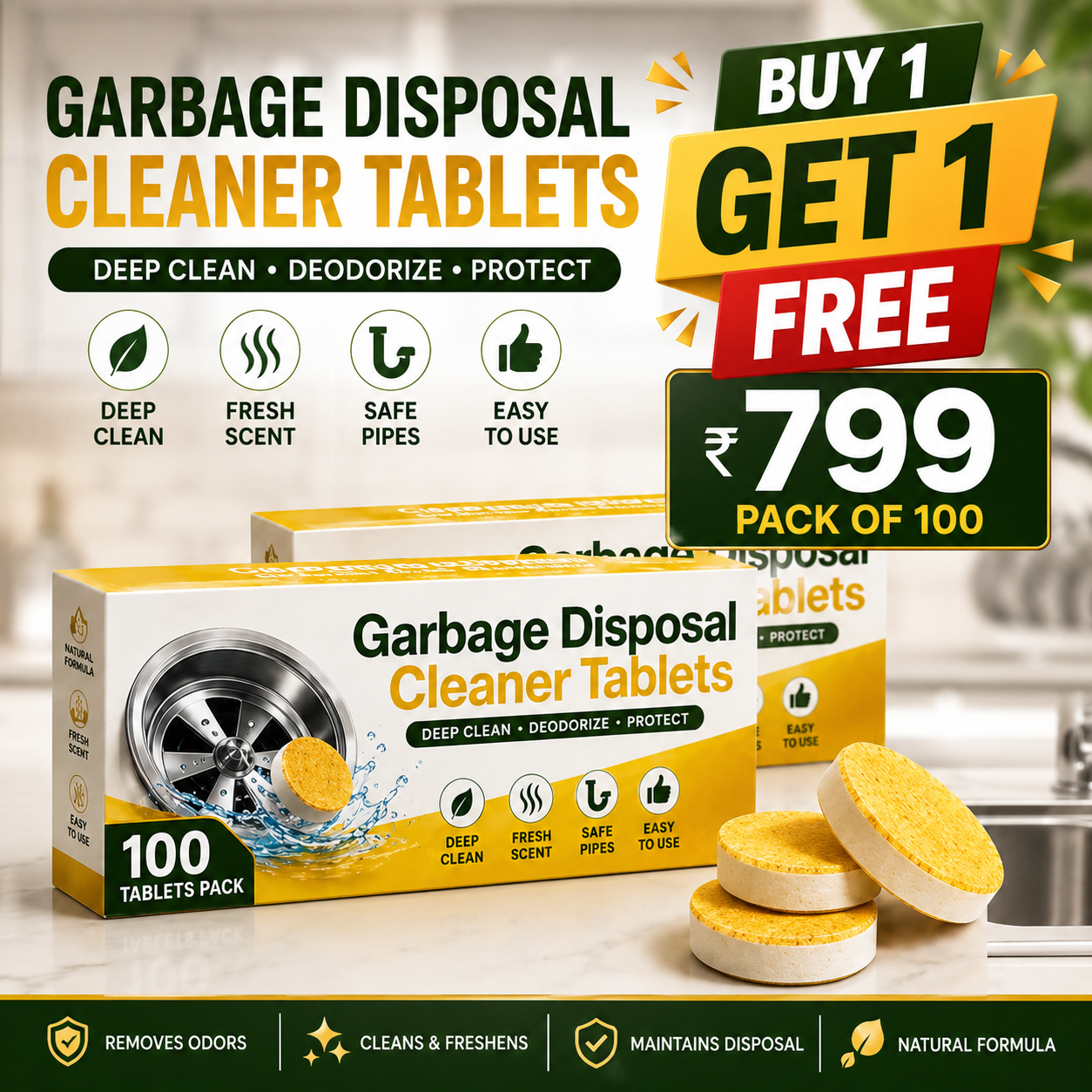 Garbage Disposal Cleaner Tablets Odor Eliminator + Blockage Remover BUY 1 GET 1 FREE