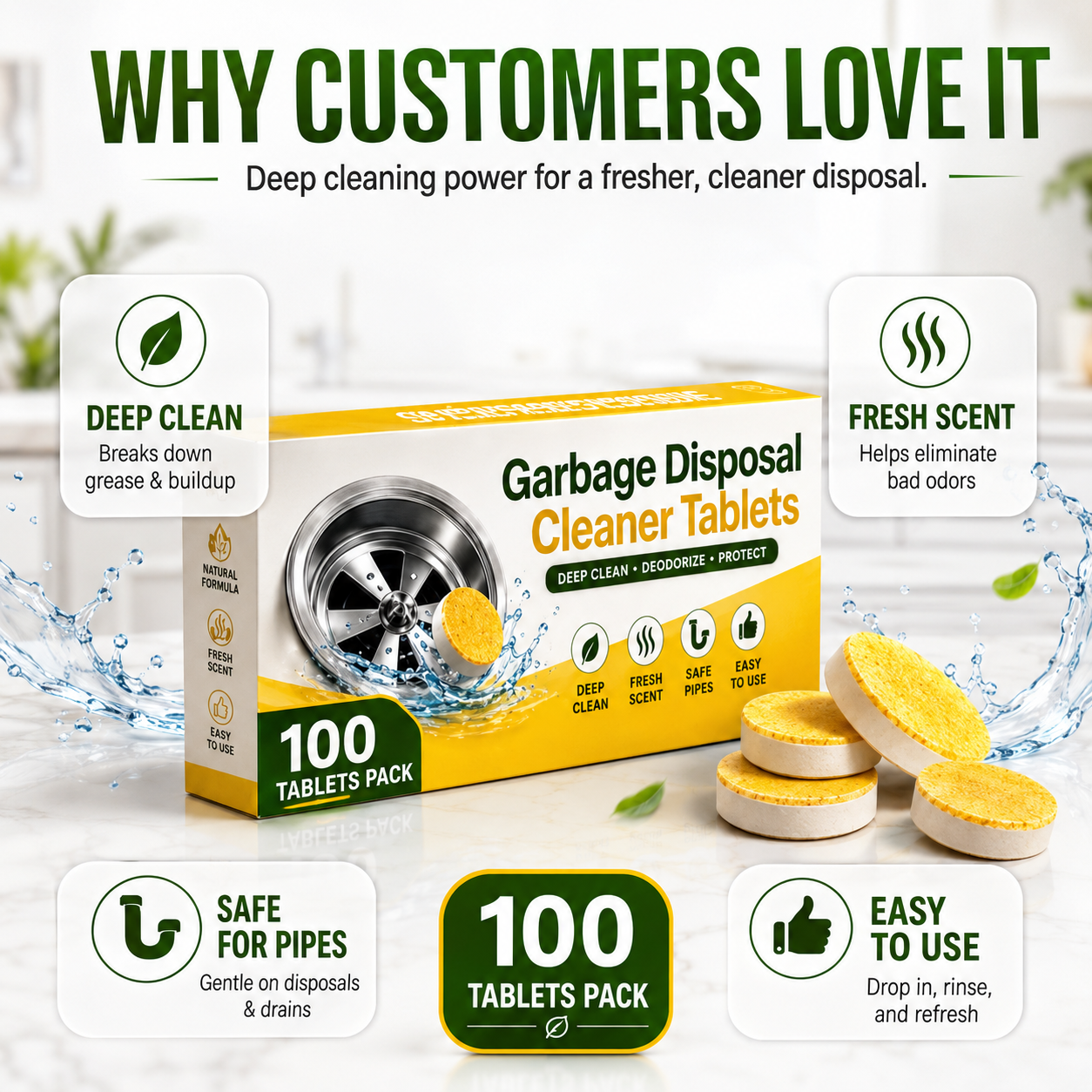Garbage Disposal Cleaner Tablets Odor Eliminator + Blockage Remover BUY 1 GET 1 FREE