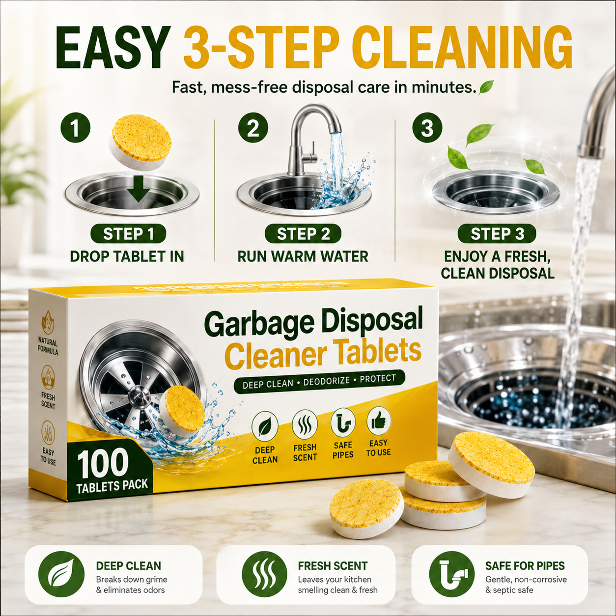 Garbage Disposal Cleaner Tablets Odor Eliminator + Blockage Remover BUY 1 GET 1 FREE