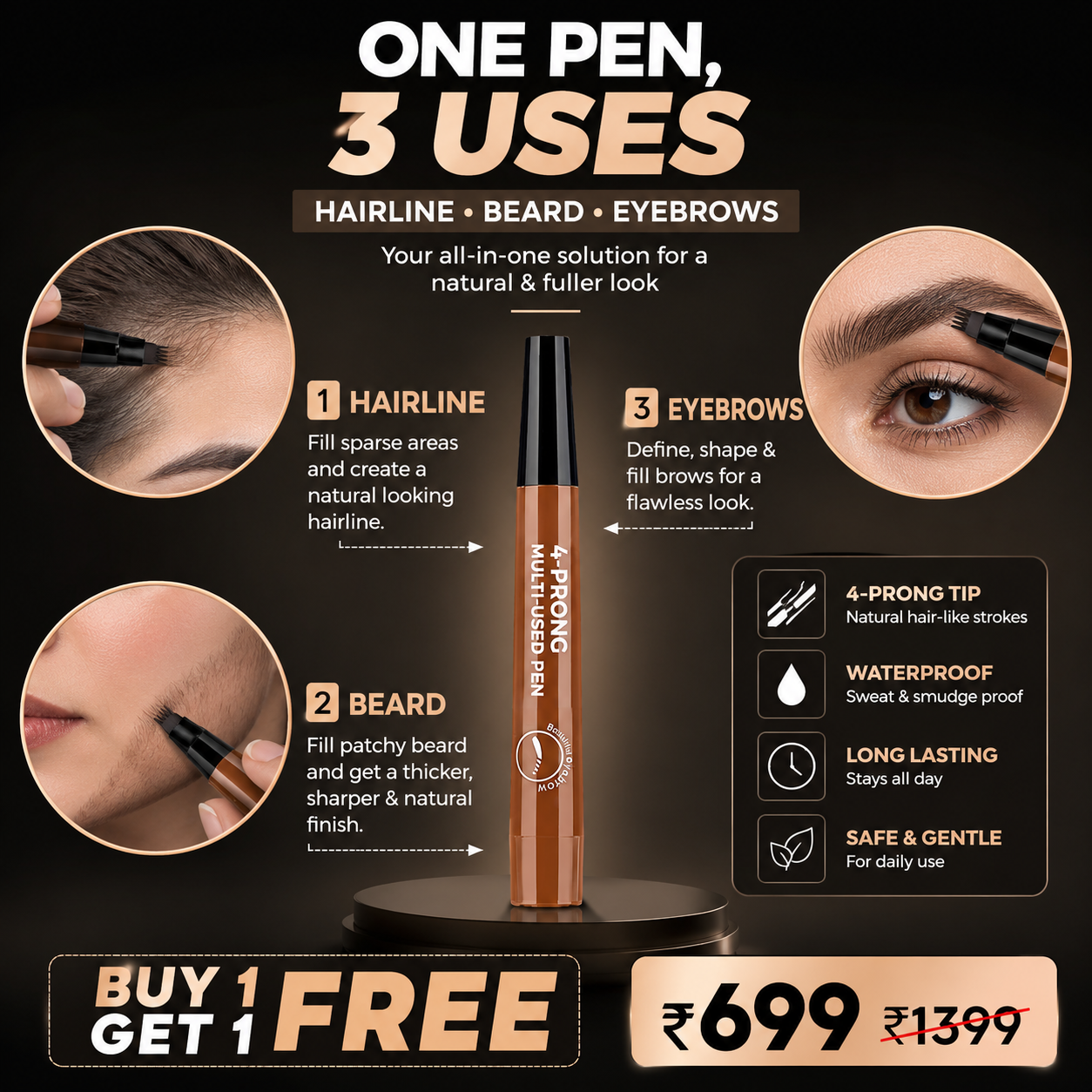 4-Prong Multi-Used Beard Eyebrow & Harline Pen Buy 1 Get 1 Free