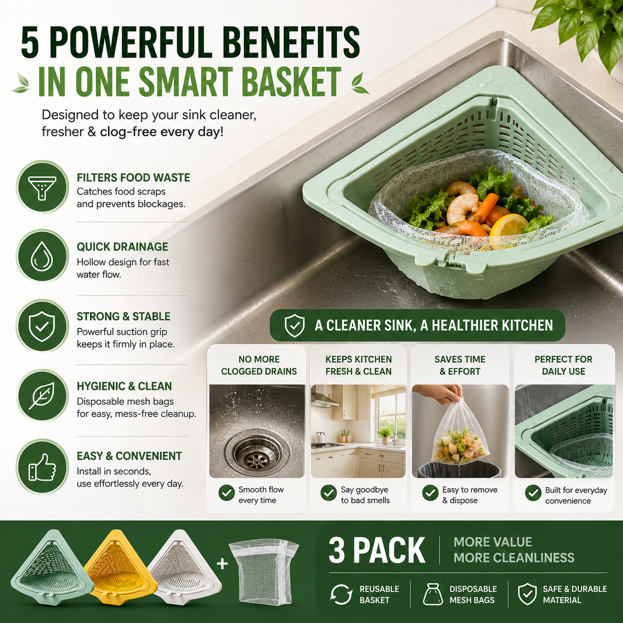 Triangle Sink Strainer & Food Waste Filter Pack of 3