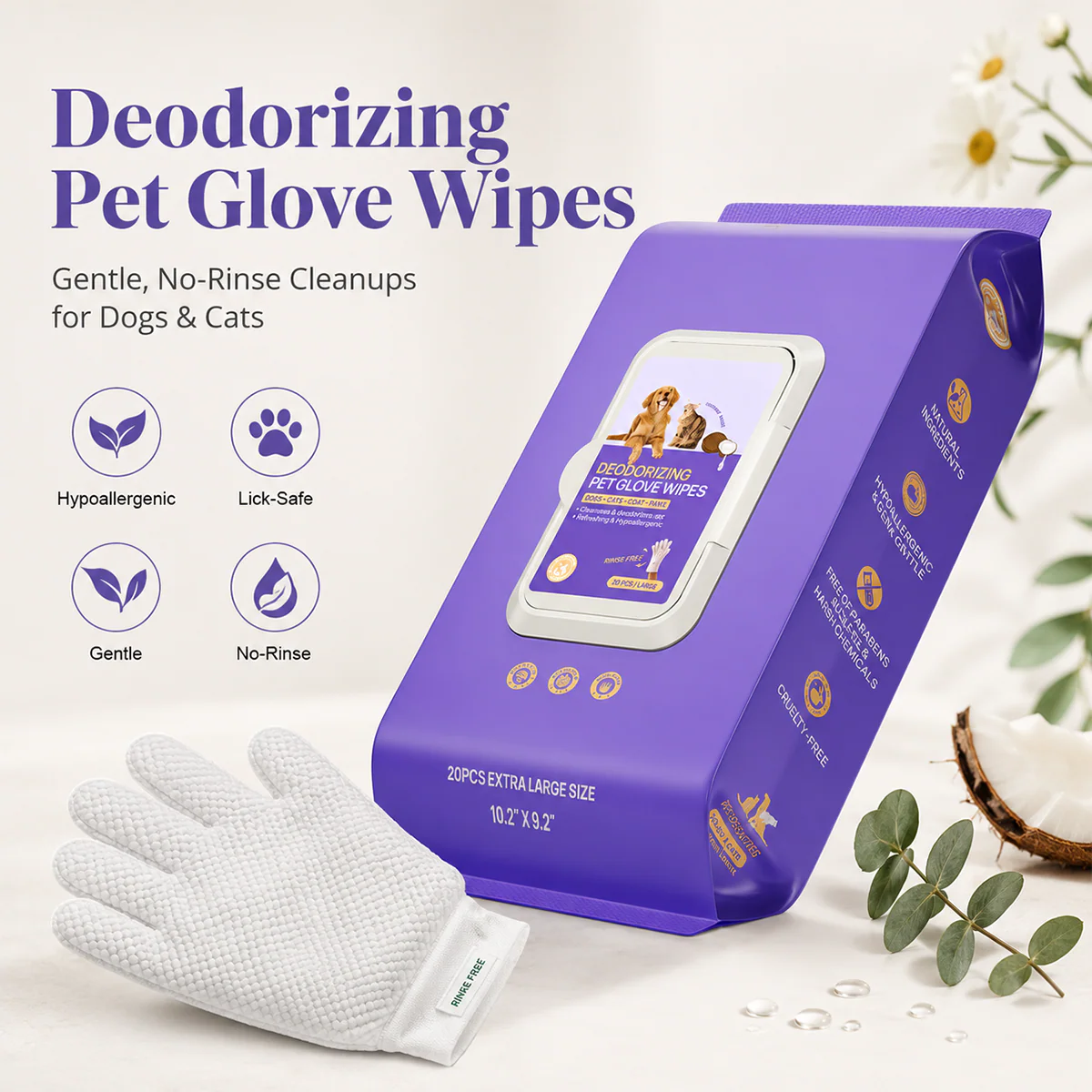 Deodorizing Glove Wipes for Dogs & Cats - Waterless Bath Alternative