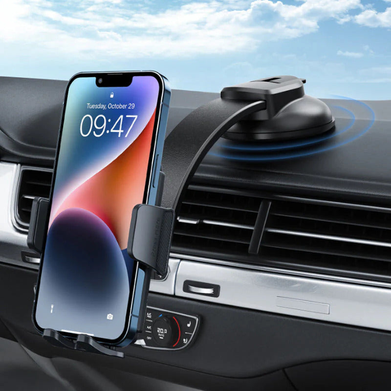 Bendable car phone holder – 360° rotation, one-hand use, strong suction