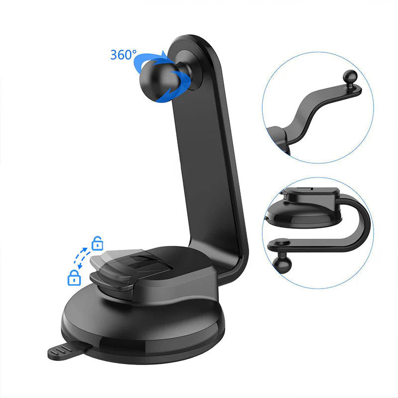 Bendable car phone holder – 360° rotation, one-hand use, strong suction