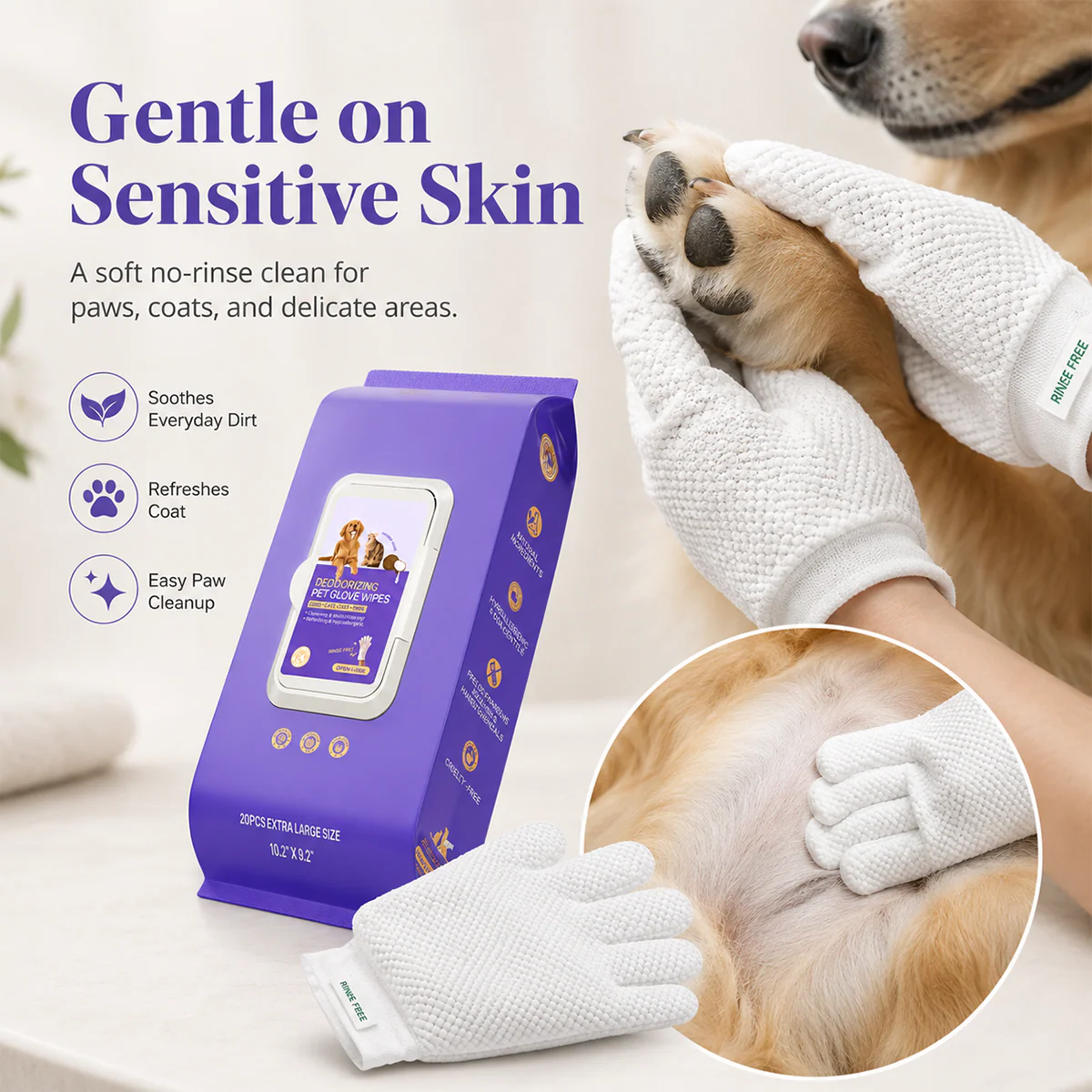 Deodorizing Glove Wipes for Dogs & Cats - Waterless Bath Alternative